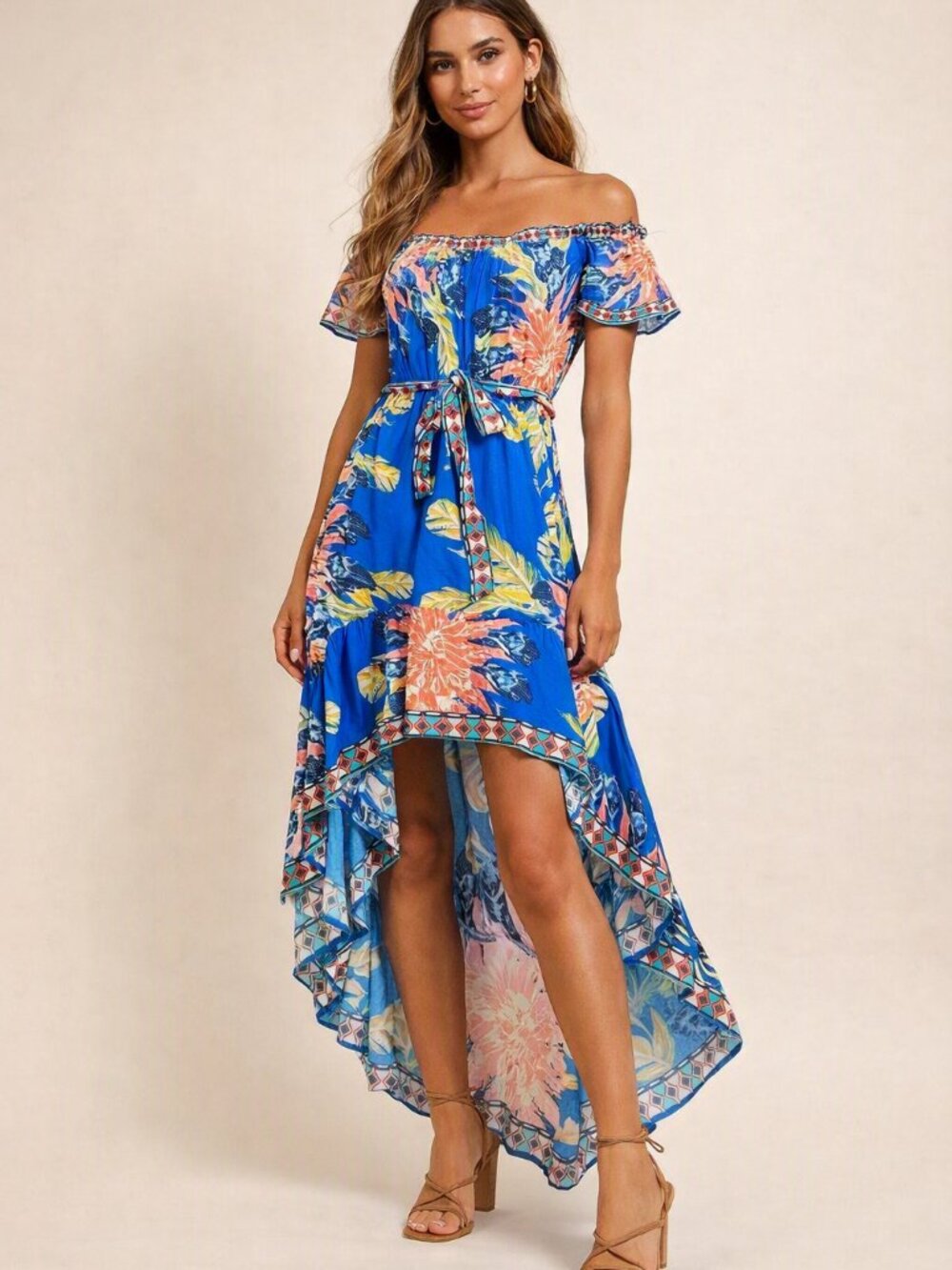 Flying Tomato XS Blue Tropical Floral Off Shoulder High Low Maxi Dress Resort